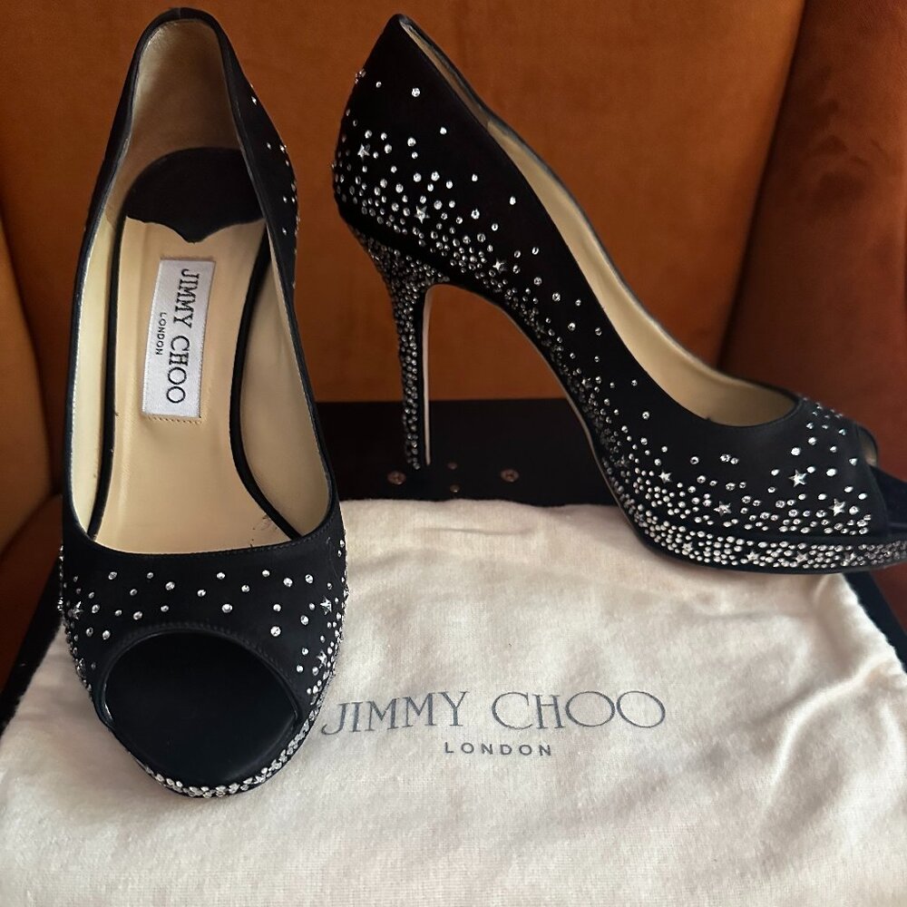 JIMMY CHOO “THE DALI” Swarovski Crystal Platform Satin Peep Heel NIB / NWT